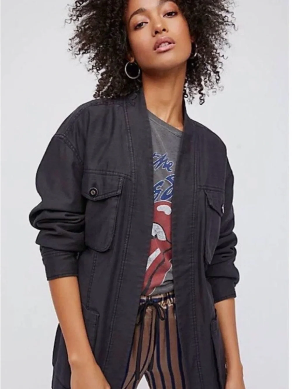 Free People Black Belted Utility Jacket with Patch Pockets